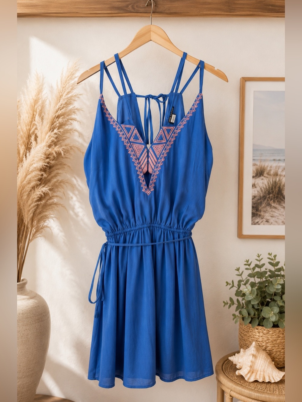 San Julian Blue Embroidered Coastal Cowgirl Boho Halter Dress Size L